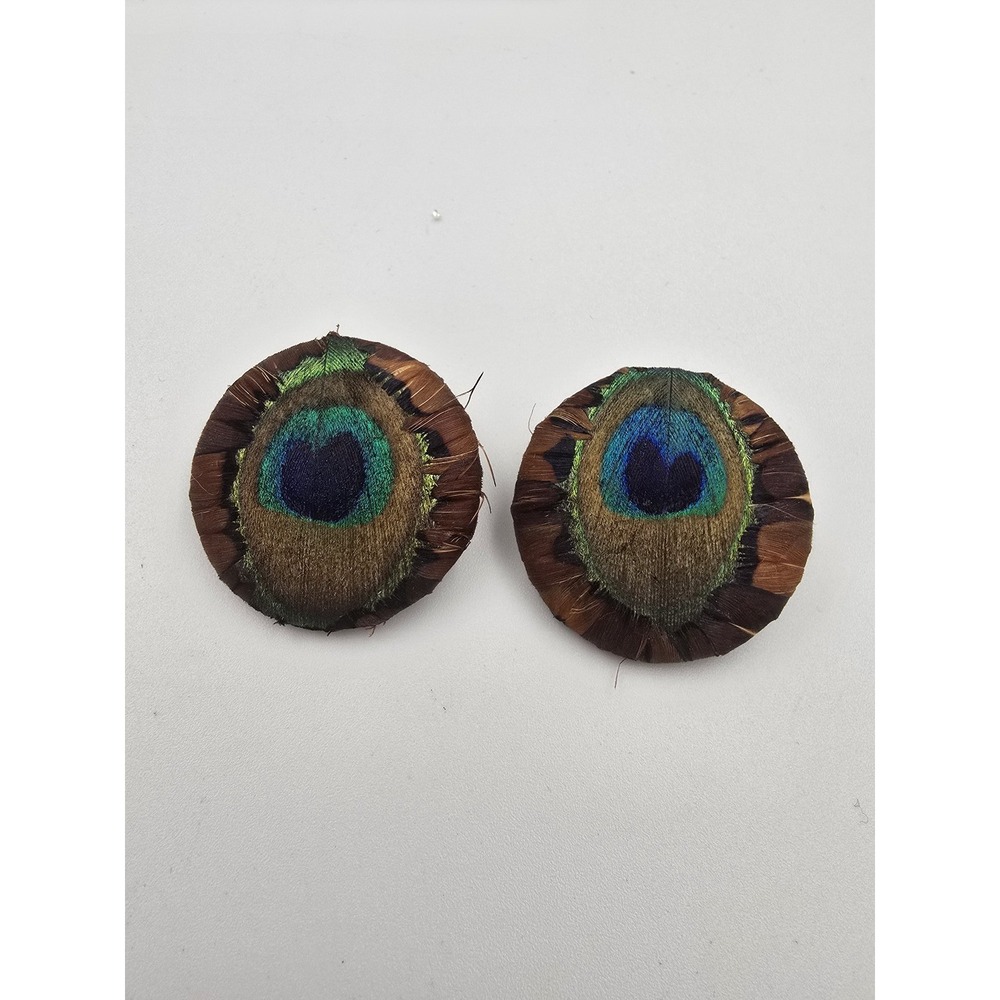 Vintage‎ Peacock Feather Clip On Earrings Round Natural Boho Statement Jewelry